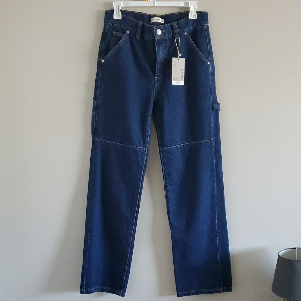 NWT Mango Dark Blue Mid Waist Straight Leg Utility Jeans Sz 4 Streetwear Y2K